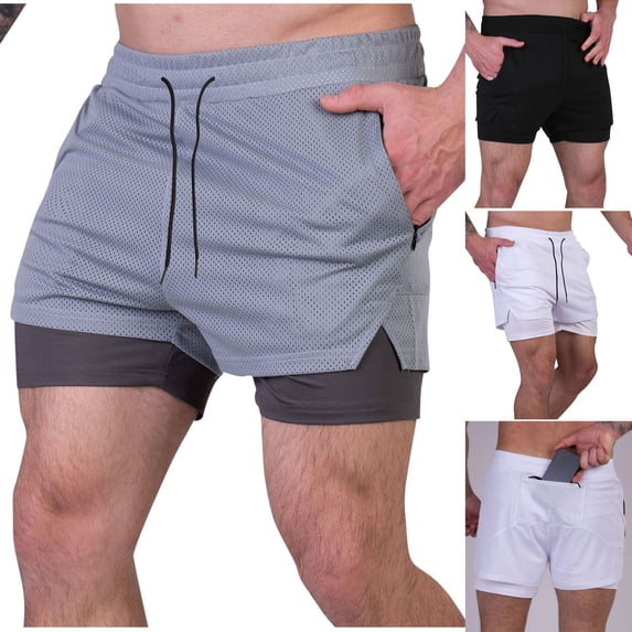 Men's Athletic Shorts 2 in 1 Quick Dry 5" Inseam Training Short Pants for Running Bodybuilding Workout Fitness with Zipper Pockets Breathable Muscle Fit Summer Exercise