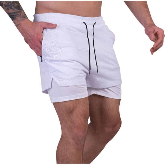 Men's Athletic Shorts 2 in 1 Quick Dry 5" Inseam Training Short Pants for Running Bodybuilding Workout Fitness with Zipper Pockets Breathable Muscle Fit Summer Exercise