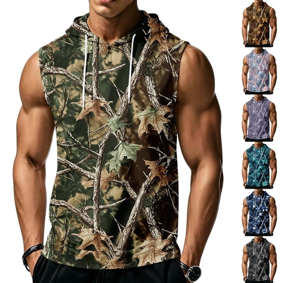Men’s Athletic Sleeveless Hoodie with Drawstring Hood and Front Pocket Casual Loose Fit Camouflage Patterned Vest Top