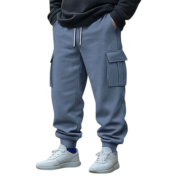 Men's Athletic Sweatpants Stretchy Elastic Waist Drawstring Casual Cargo Pants Baggy Walking Gym Workout Joggers with Pockets (S, Navy-2)