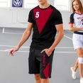 thumbnail image 1 of Men's Athletic T-Shirt and Shorts Set - Black with Red Triangular Design Number 5 Sporty Activewear, 1 of 5