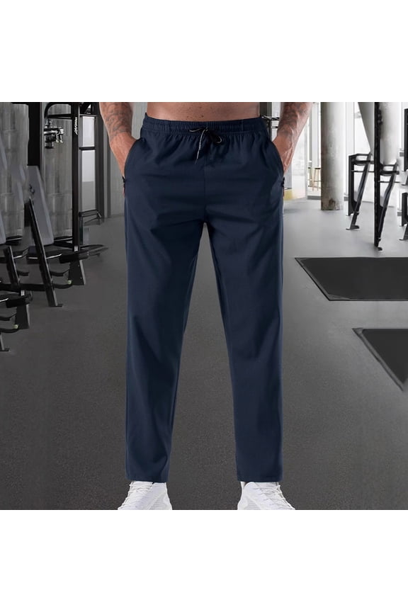 Men’s Athletic Track Pants, Drawstring Sweatpants with Zipper Pockets Workout Gym Jogger Trousers Open Bottom Stretchy Pants Blue M
