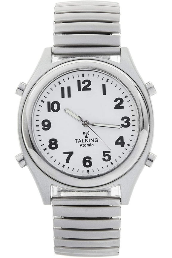 Men's Atomic Talking Watch - White Face with Black Numbers - Unisex Watch w/Alarm Speaks Time, Day, Date & Year. Great for The Blind, Elderly or Visually Impaired