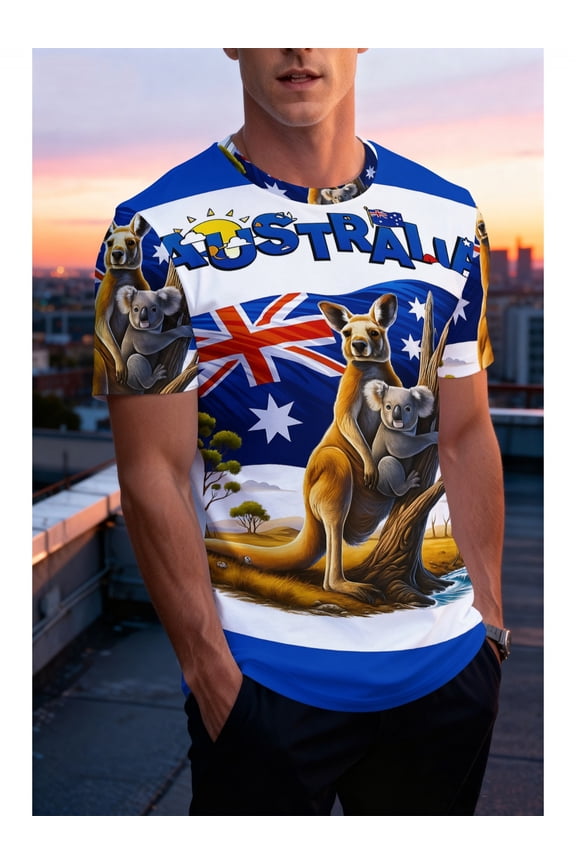 Men's Australian theme T-shirt | With kangaroo and koala patterns, optional blue/red/white color scheme, crew neck short sleeves, casual version, suitable for travel and daily wear