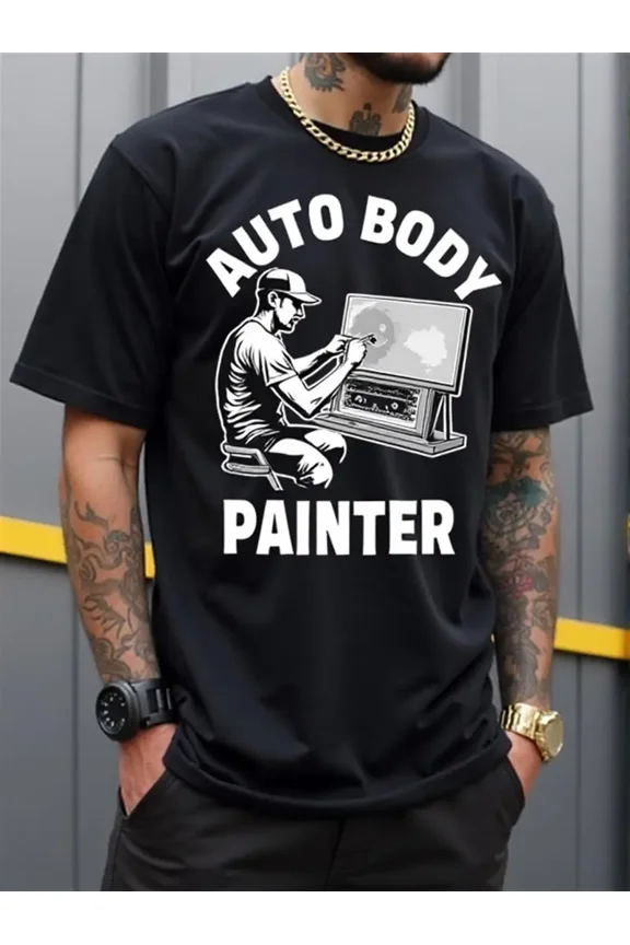 Men's Auto Body Painter Graphic T-Shirt - Bold Car Artwork & Spray Gun Design, Comfortable Short Sleeve Workwear for Automotive Professionals, Machine Washable Casual Round