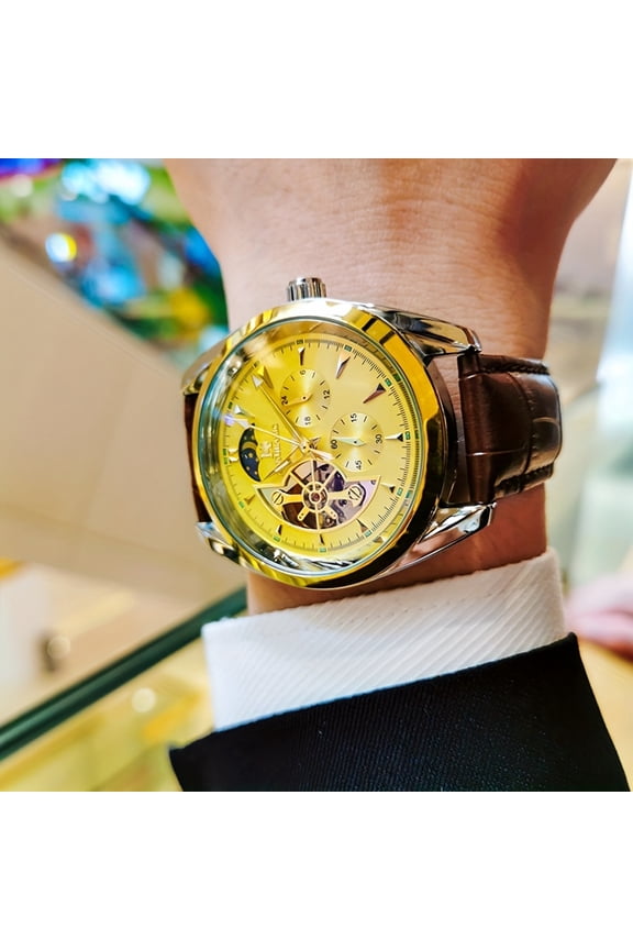 Men's Automatic Mechanical Watch, semi-hollow spherical design with phase indicator, fits business & casual wear, perfect gift for festivals and birthdays