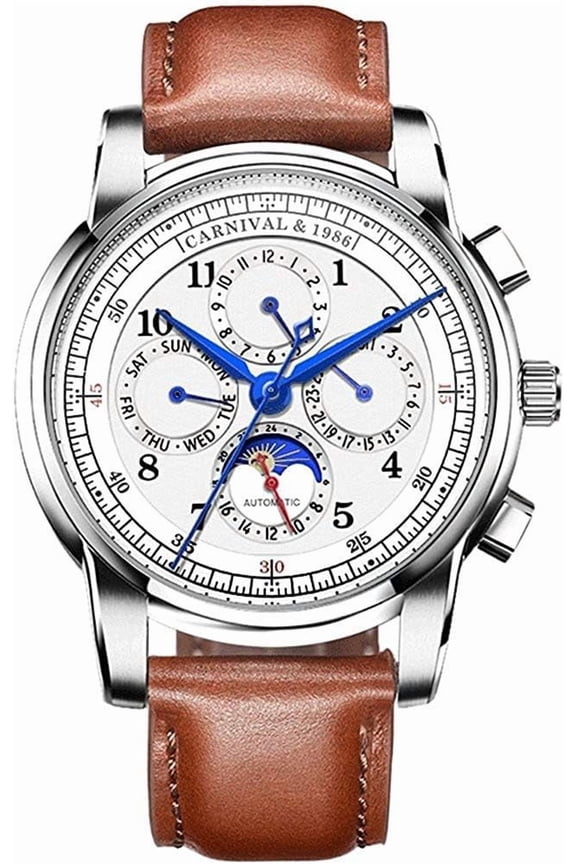 Men's Automatic-Self-Wind Watch Multifunction Moon Phase 24-Hours Stainless Steel Calfskin Leather Watch