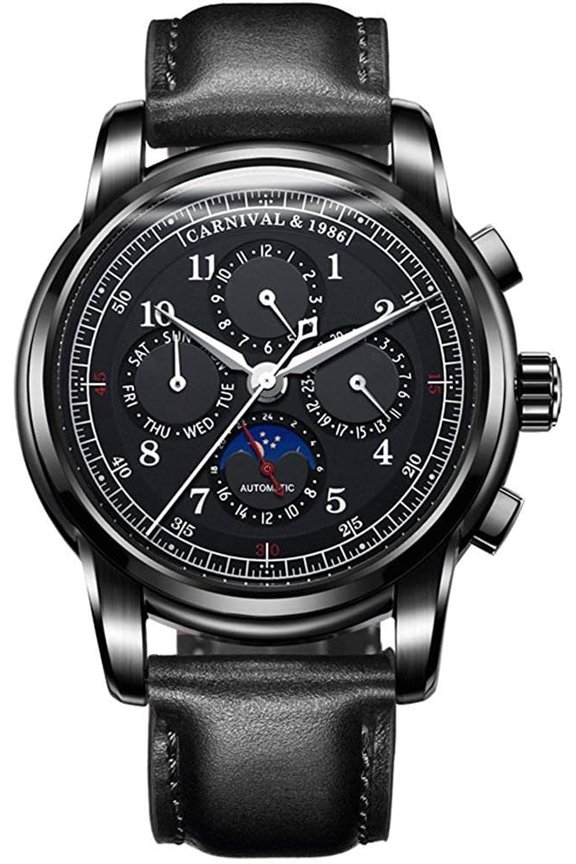 Men's Automatic-Self-Wind Watch Multifunction Moon Phase 24-Hours Stainless Steel Calfskin Leather Watch