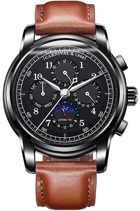 Men's Automatic-Self-Wind Watch Multifunction Moon Phase 24-Hours Stainless Steel Calfskin Leather Watch