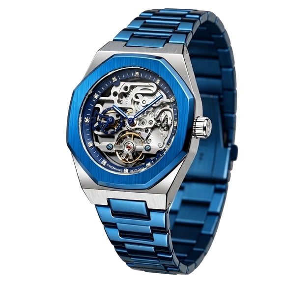 Men's Automatic Skeleton Mechanical Watch, Octagonal Case, Stainless Steel Band, Self-Winding Wrist Watch
