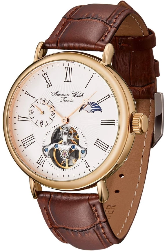 Men's Automatic Watch Navigator-Series Tourbillon-Style Time Zone Business Calendar Mechanical Watch Leather Strap