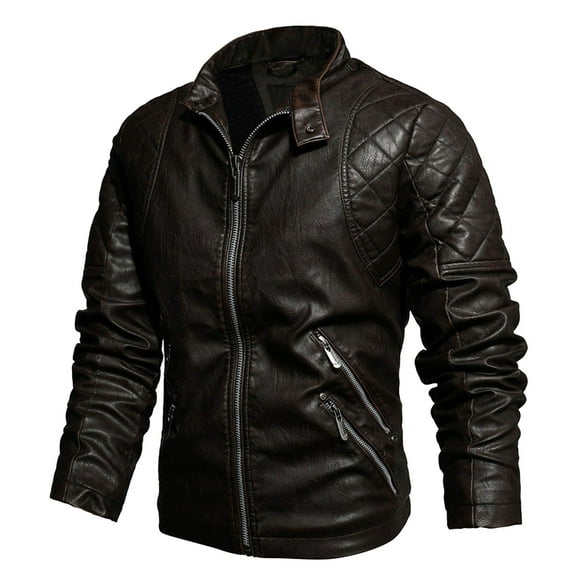 Men's Autumn And Winter Slim With Pockets Stand Up Collar Motorcycle Suit Padded PU Leather Jacket