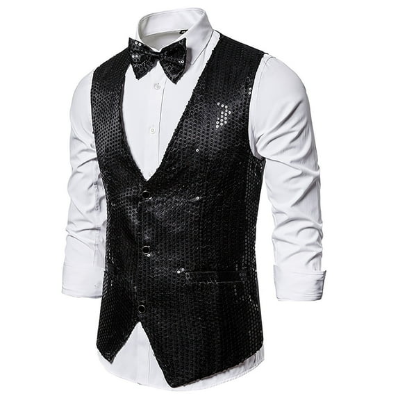 Men's Autumn And Winter Vest Fashion Personality Sequins Casual Vest Jacket Black,L