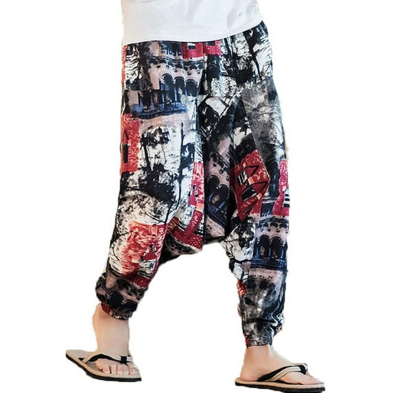 Men's Autumn Casual Loose Harem Nepal Floral Print Trousers Thin Pants