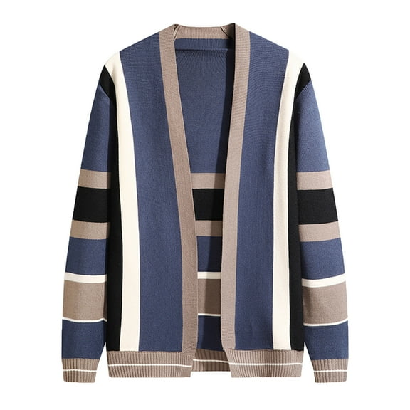 Men's Autumn Casual Style Hoodless V Neck Long Sleeved Colour Blocked Knitted Cardigan