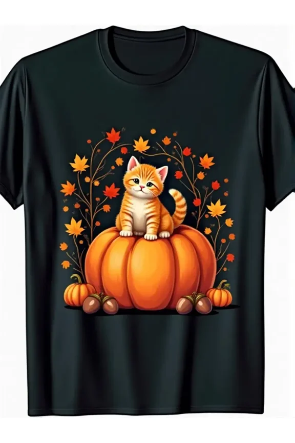Men's Autumn Fall Graphic T-Shirt - Black Cat & Pumpkin Patch Design with Orange Tabby Kitten, Short Sleeve Round Neck Casual Shirt for Halloween Thanksgiving, Soft Breathable