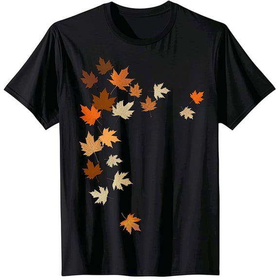 Men's Autumn Leaves Graphic Tee Fall Design on Black Shirt Casual Festive Wear Seasonal Apparel for Him