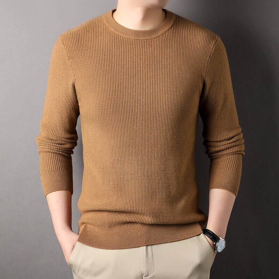 Men's Autumn Round Neck Casual Waffle Long Sleeved Knit Shirt