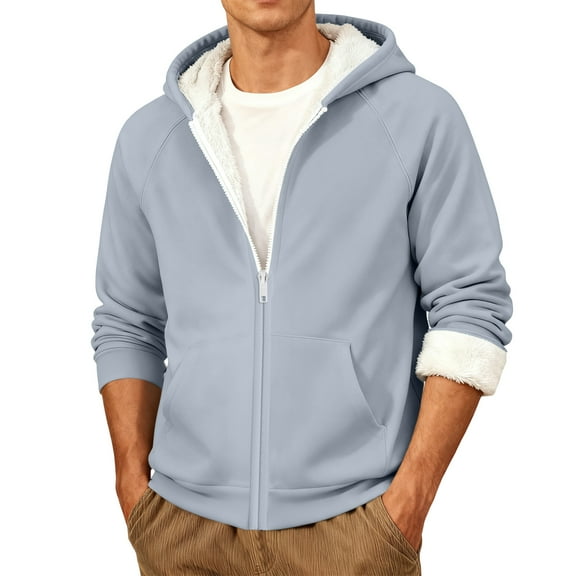 Men's Autumn/Winter Fleece-lined Thick Hooded Sports Cardigan Warm Outerwear Gray M