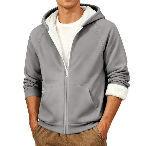 Men's Autumn/Winter Fleece-lined Thick Hooded Sports Cardigan Warm Outerwear Gray S