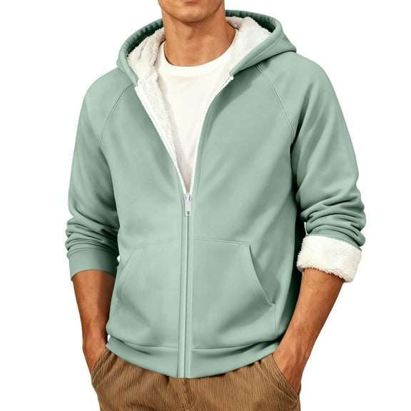 Men's Autumn/Winter Fleece-lined Thick Hooded Sports Cardigan Warm Outerwear Light Green M