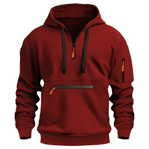 Men's Autumn And Winter Hoodies With Pocket Long Sleeved Plus Zipper Drawstring Solid Color Comfortable Fashion Sweatshirt For Casual Daily Wear,Red,Xxxl