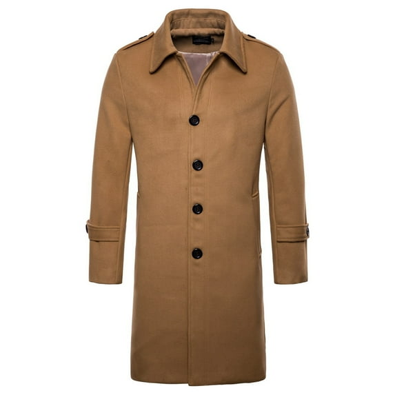 Men's Autumn Winter Long Jackets Single Breasted Solid Color Woolen Trench Long Length Casual Coat Windbreaker Warm Overcoat