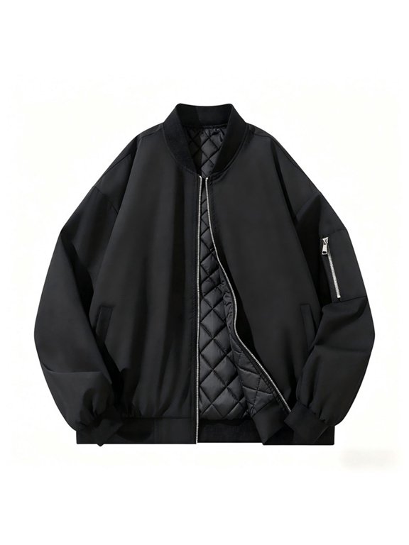 Men's Autumn Winter Quilted Padded Jacket Warm Stand Collar Zip Up Casual Coat, Lightweight Diamond Quilt Lined Bomber Jacket Outerwear for Men