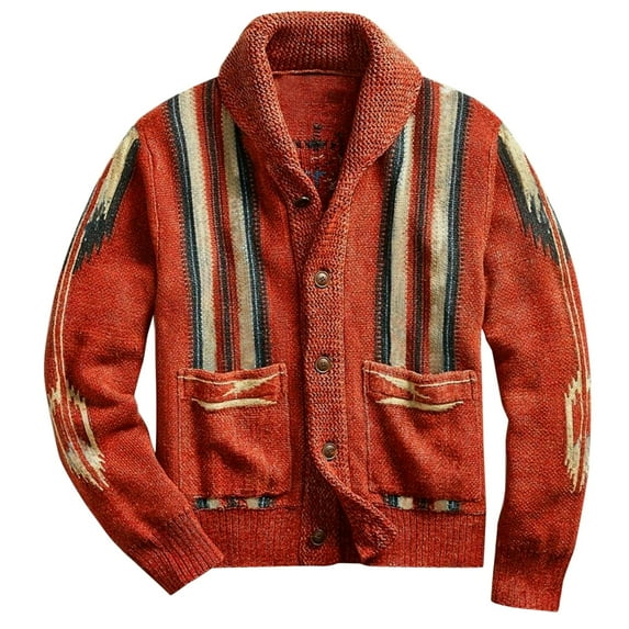 Men's Autumn Winter Sweater Vintage Jacquard Lapel Knitwear Red XL