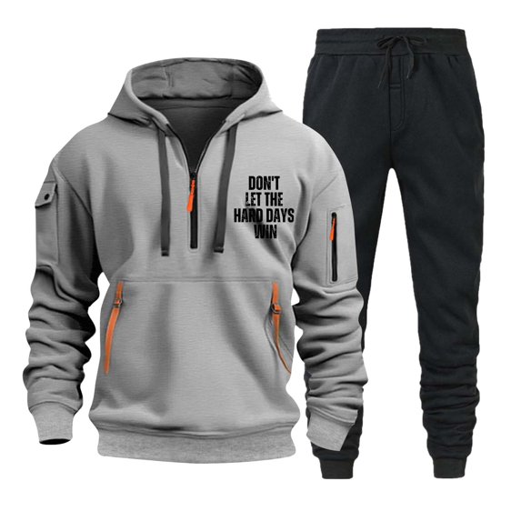 Men's Autumn and Winter Print Long Sleeve Hooded Sweatshirt Solid Pants Set