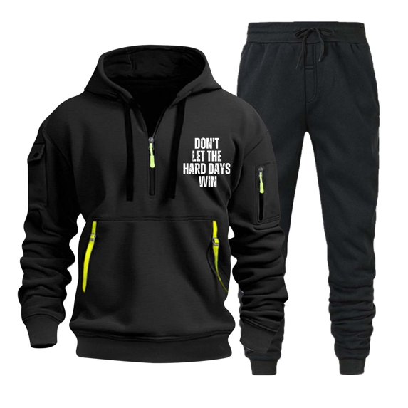 Men's Autumn and Winter Print Long Sleeve Hooded Sweatshirt Solid Pants Set