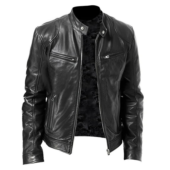 Men's Autumn and Winter Stand Collar Leather Jacket Zip Faux Leather Biker Jacket Long Sleeve Jacket