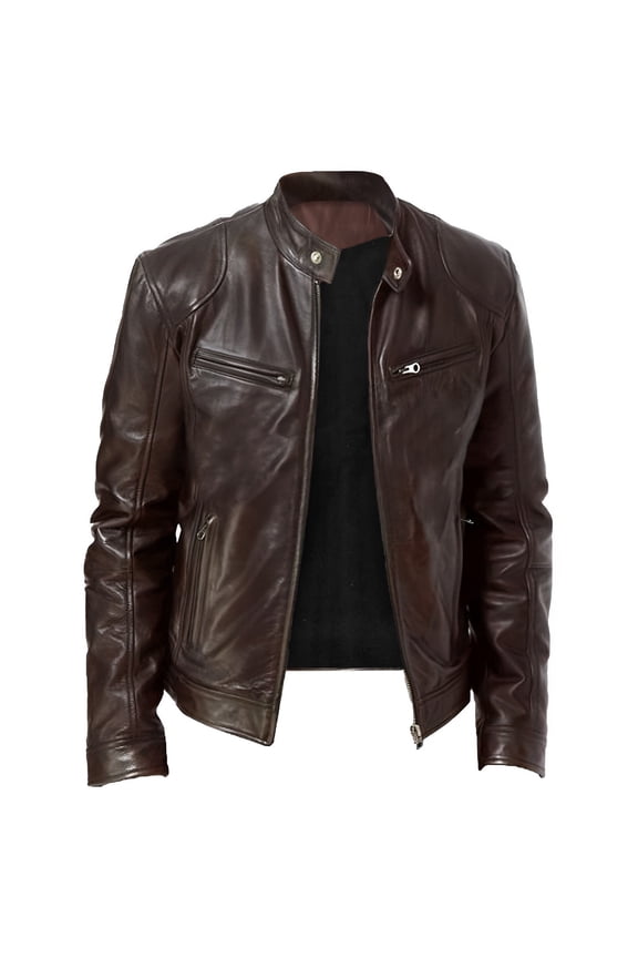 Men's Autumn and Winter Stand Collar Leather Jacket Zip Faux Leather Biker Jacket Long Sleeve Jacket