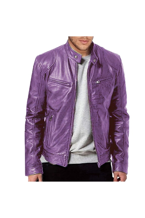 Men's Denim Jackets Men's Autumn and Winter Stand Collar Leather Jacket Zip Faux Leather Jacket Long Sleeve Jacket Purple Xl