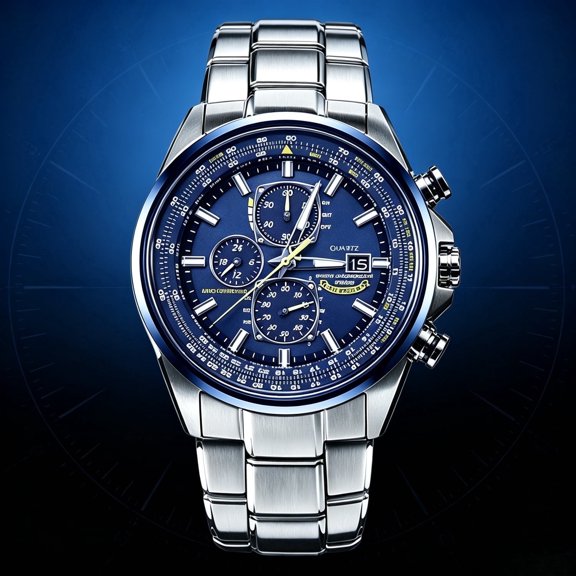 Men's Aviation Pilot Analog Chronograph Wrist Watch, LightPowered RadioControlled Timekeeping, Stainless Steel Metal Band, Multi Time Zone Business Casual Wristwatch
