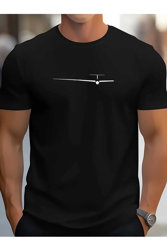 Men's Aviation-Themed T-Shirt - Glider Soar Airplane Graphic Print, Breathable Medium-Stretch Fabric, Navy Blue & White Casual Round Neck Tee for Pilot Enthusiasts, Aviation Events & Casual Attire