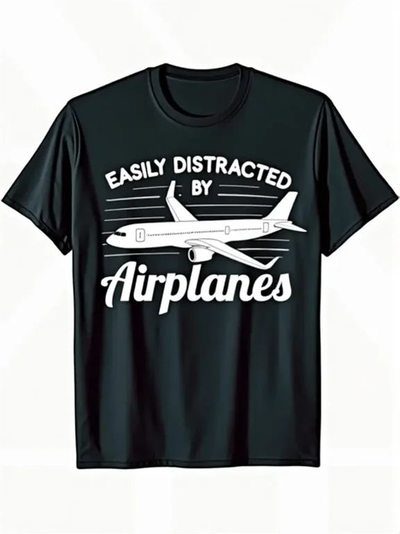 Men's Aviation-Themed T-Shirt - Vintage Airplane & "Easily Distracted by Airplanes" Print, Classic Regular Fit Black Shirt for Flight Enthusiasts, Casual Pilot Apparel Gift