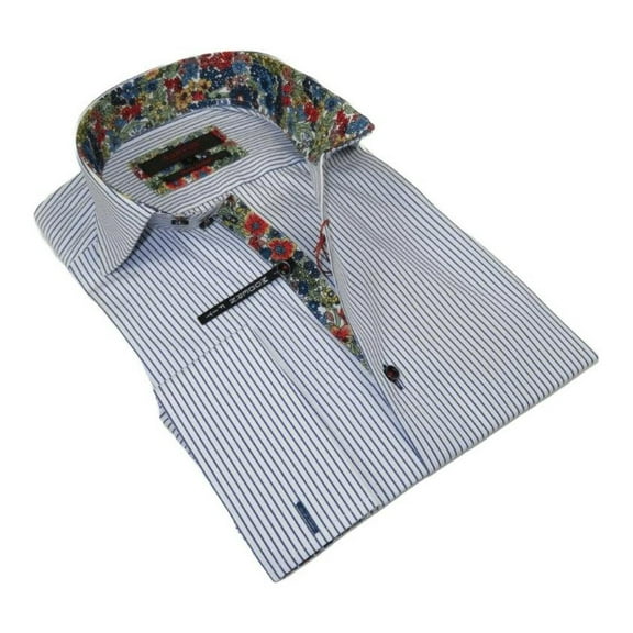 Men's Axxess Turkey Shirt 100% Cotton High Collar 224-11 French Cuffs Blue Stripe