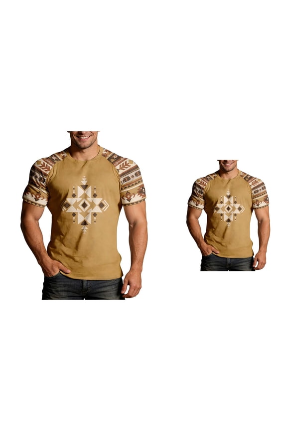 Men's Aztec Ethnic Western Shirt, Casual V-Neck Polo with Buttons, Everyday Denim Print Tee