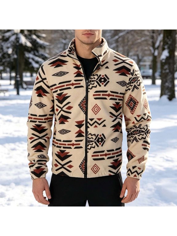 Men's Aztec Geometric Print Jacket Full Zip Stand Collar Casual Lightweight Coat for Everyday Wear and Outdoor Activities(White,XL)