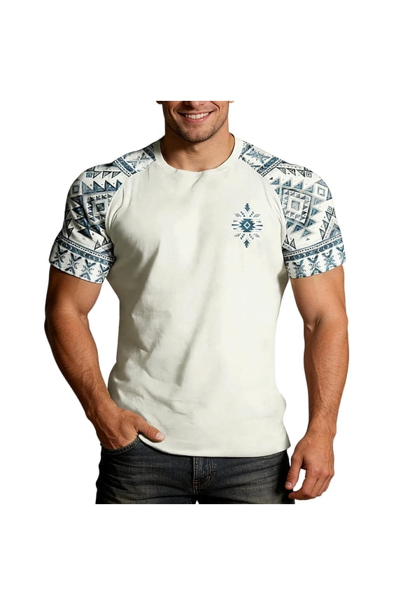 Men's Aztec Western Print Muscle T-Shirt, Short Sleeve Crewneck Workout Tee, Country Music Style Fitted Top for Men
