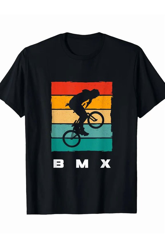 Men's BMX Bike Graphic T-Shirt - 100% Cotton, Short Sleeve, Round Neck, Casual Streetwear with Vibrant Geometric Design, Black, Perfect for Outdoor Activities