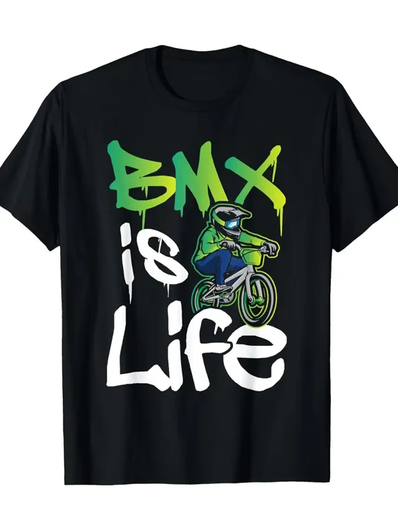 Men's BMX Is Life Graphic T-Shirt - 100% Cotton Black Crew Neck Tee with Bold Graffiti-Style BMX Rider & Bike Print, Loose Fit Casual Shirt for BMX Racing & Freestyle