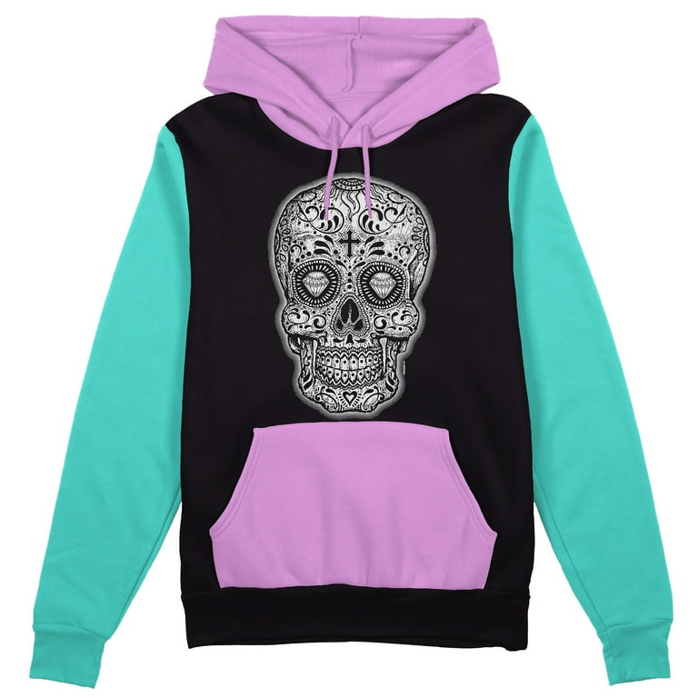 Men s BW Sugar Skull Diamond Eyes Black Color Block Pullover Hoodie Sweater Medium