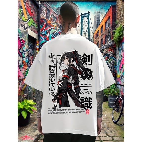 Men's Back‑Print Anime Girl Graphic T‑Shirt, Japanese Manga Streetwear Fashion Casual Summer Tee Men Tshirts