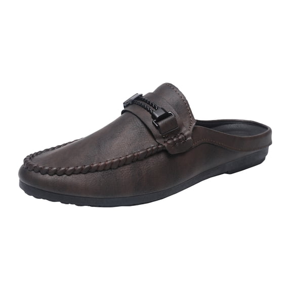 Men's Backless Leather Mules Lightweight Close Toe Slip on Casual Driving Shoes Non Slip Dressy Slide Brown Size 9