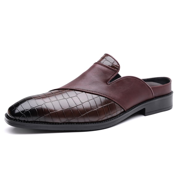 Men's Backless Slip‑On Mule Loafer Shoes, Mixed‑Material Upper Pointed Toe Low Block Heel Flat Outsole Fashion Footwear For Indoor And Casual Daily Use