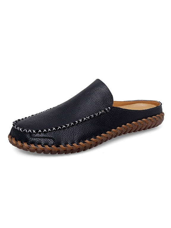Men's Backless Slip‑On Mule Loafer Shoes, Rounded Toe Smooth Leather‑Like Upper Hand‑Stitched Edge Details Flat Flexible Outsole For Casual Daily And Indoor Outdoor Occasions