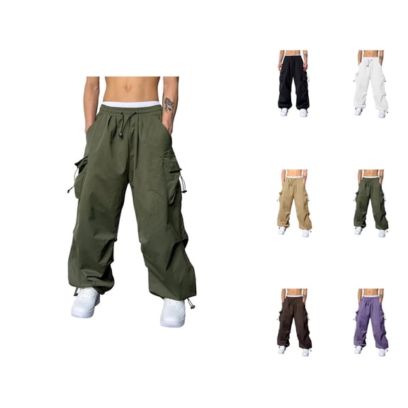 Men's Baggy Cargo Pants 2026 Casual Drawstring Elastic Waist Loose Fit Parachute Pants with Pockets Harem Joggers Streetwear