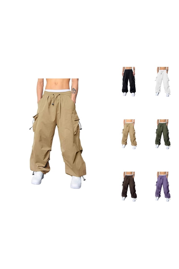 Men's Baggy Cargo Pants 2026 Casual Drawstring Elastic Waist Loose Fit Parachute Pants with Pockets Harem Joggers Streetwear